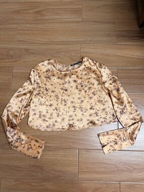 Zara Champagne Satin Floral Crop Long-Sleeve Top